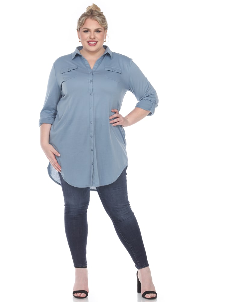 Stretchy Button Down Tunic Top Denim Blue